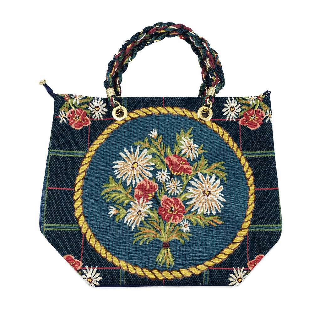 Vintage Floral Tapestry Handbag with Braided‎ Handles and Rope Border